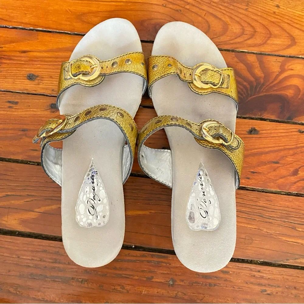 Retro Gold & Silver Wedge Sandals With Buckles Size 11 Made in the USA